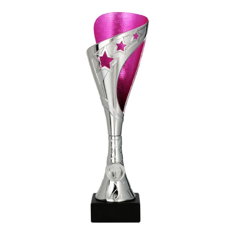 Puchar Plastikowy Srebrno-Różowy 9327 | Na Marmurze, Emblemat 25mm