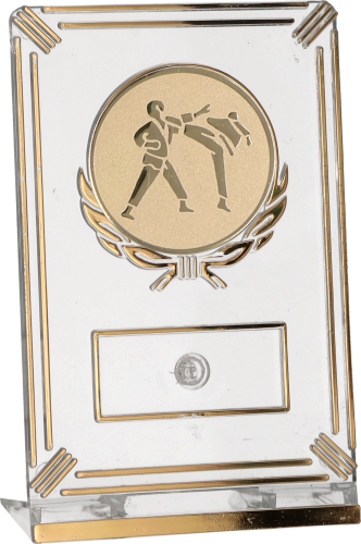 Eleganckie trofeum karate (13 cm) z dużym emblematem zawodników 50 mm.