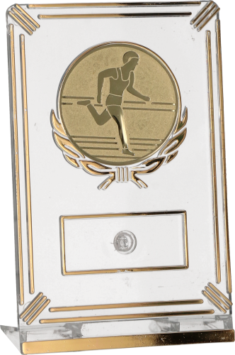 Eleganckie trofeum biegowe (13 cm) z dużym emblematem sprintera 50 mm.