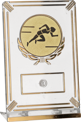 Eleganckie trofeum sprinterskie (13 cm) z dużym emblematem biegaczki 50 mm.
