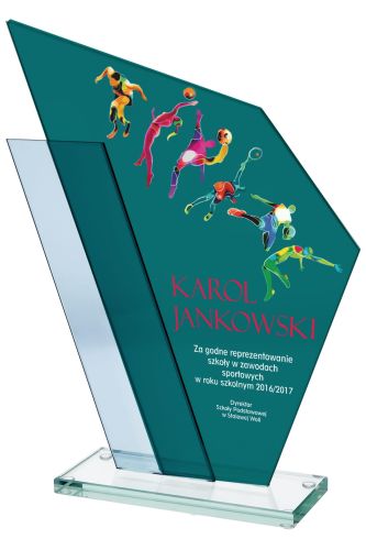Szklana statuetka sportowa na zawody nadruk Warszawa Gs615